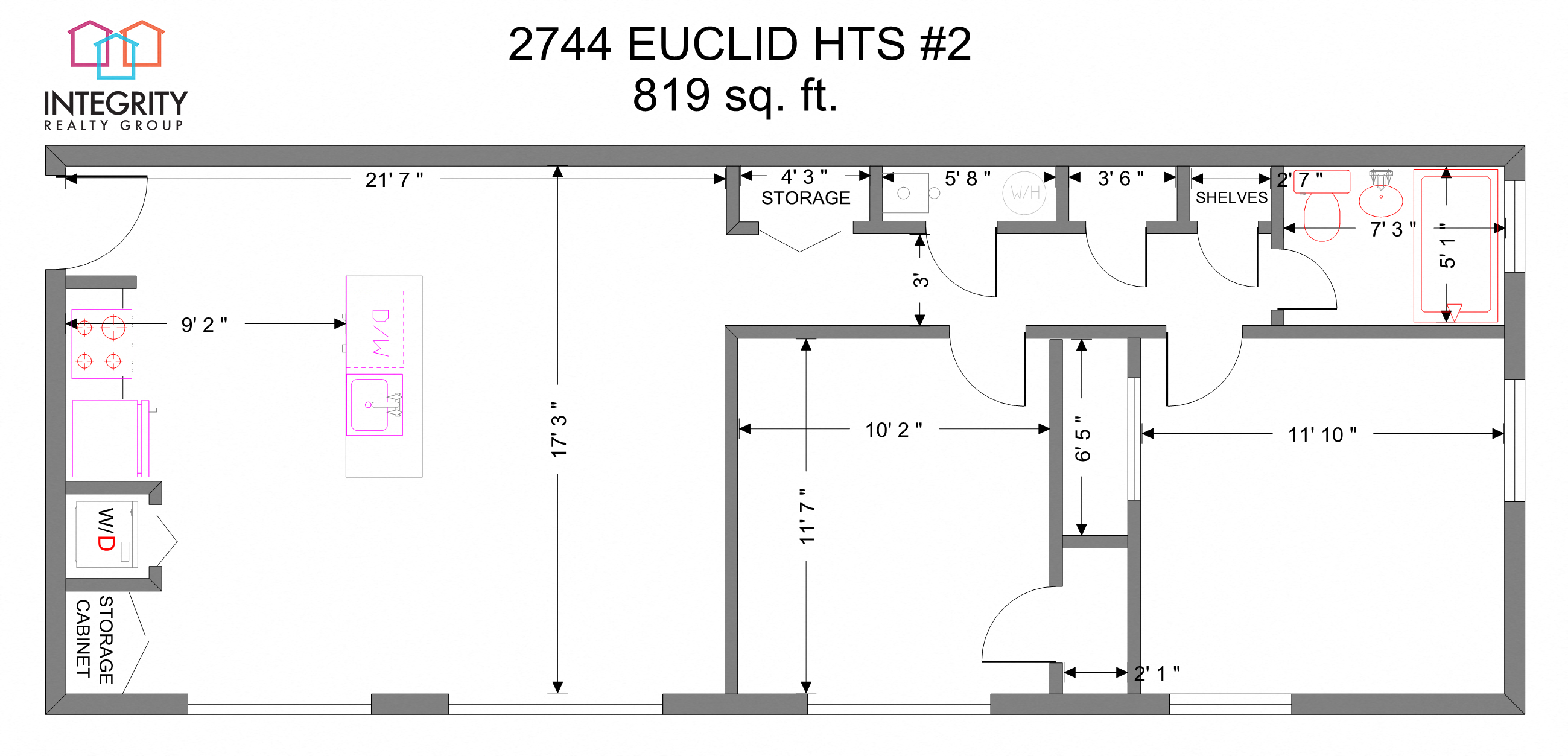 Floor plan for 2 beds, 1 bath, 819 sqft